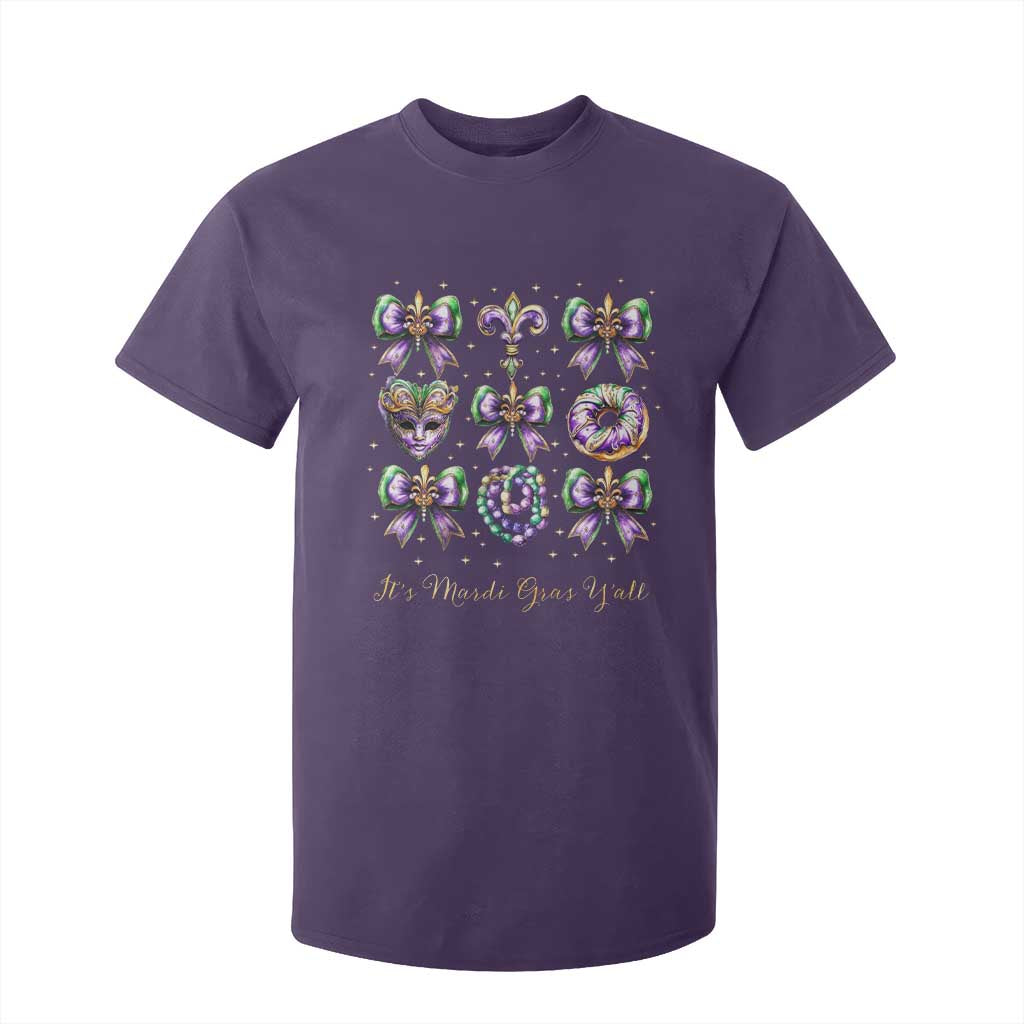 Coquette Bow Mardi Gras T Shirt For Kid It's Mardi Gras Y'all Fleur De Lis Mask TS09 Purple Print Your Wear