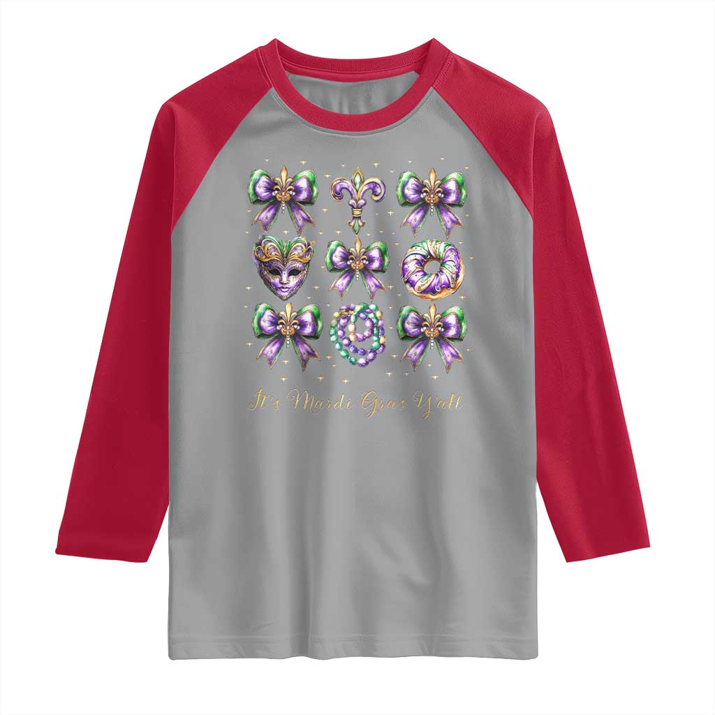 Coquette Bow Mardi Gras Raglan Shirt It's Mardi Gras Y'all Fleur De Lis Mask TS09 Sport Gray Red Print Your Wear