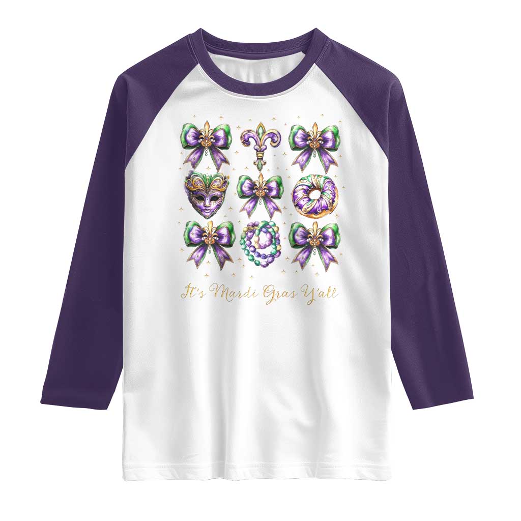 Coquette Bow Mardi Gras Raglan Shirt It's Mardi Gras Y'all Fleur De Lis Mask TS09 White Purple Print Your Wear