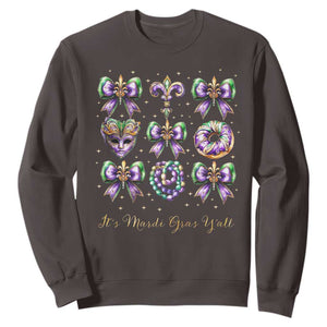 Coquette Bow Mardi Gras Sweatshirt It's Mardi Gras Y'all Fleur De Lis Mask TS09 Dark Chocolate Print Your Wear
