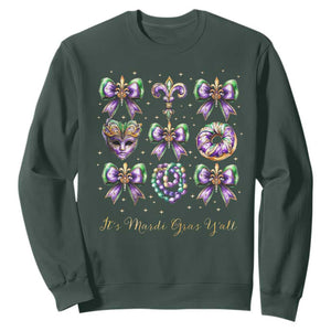 Coquette Bow Mardi Gras Sweatshirt It's Mardi Gras Y'all Fleur De Lis Mask TS09 Dark Forest Green Print Your Wear