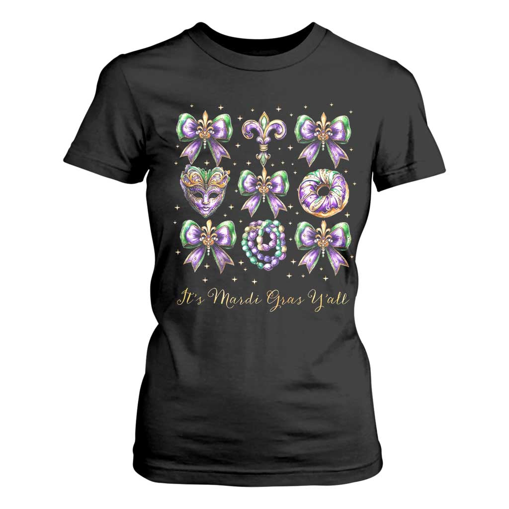 Coquette Bow Mardi Gras T Shirt For Women It's Mardi Gras Y'all Fleur De Lis Mask TS09 Black Print Your Wear