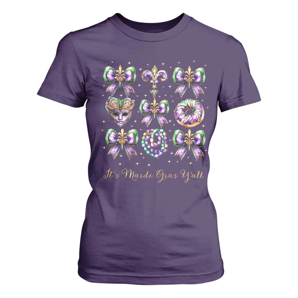 Coquette Bow Mardi Gras T Shirt For Women It's Mardi Gras Y'all Fleur De Lis Mask TS09 Purple Print Your Wear