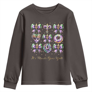 Coquette Bow Mardi Gras Youth Sweatshirt It's Mardi Gras Y'all Fleur De Lis Mask TS09 Dark Chocolate Print Your Wear