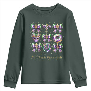 Coquette Bow Mardi Gras Youth Sweatshirt It's Mardi Gras Y'all Fleur De Lis Mask TS09 Dark Forest Green Print Your Wear