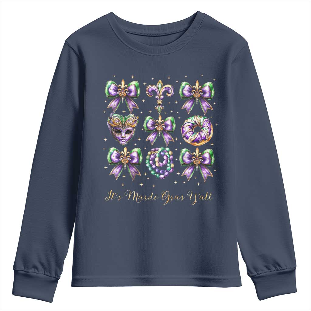Coquette Bow Mardi Gras Youth Sweatshirt It's Mardi Gras Y'all Fleur De Lis Mask TS09 Navy Print Your Wear