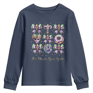 Coquette Bow Mardi Gras Youth Sweatshirt It's Mardi Gras Y'all Fleur De Lis Mask TS09 Navy Print Your Wear