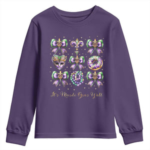 Coquette Bow Mardi Gras Youth Sweatshirt It's Mardi Gras Y'all Fleur De Lis Mask TS09 Purple Print Your Wear