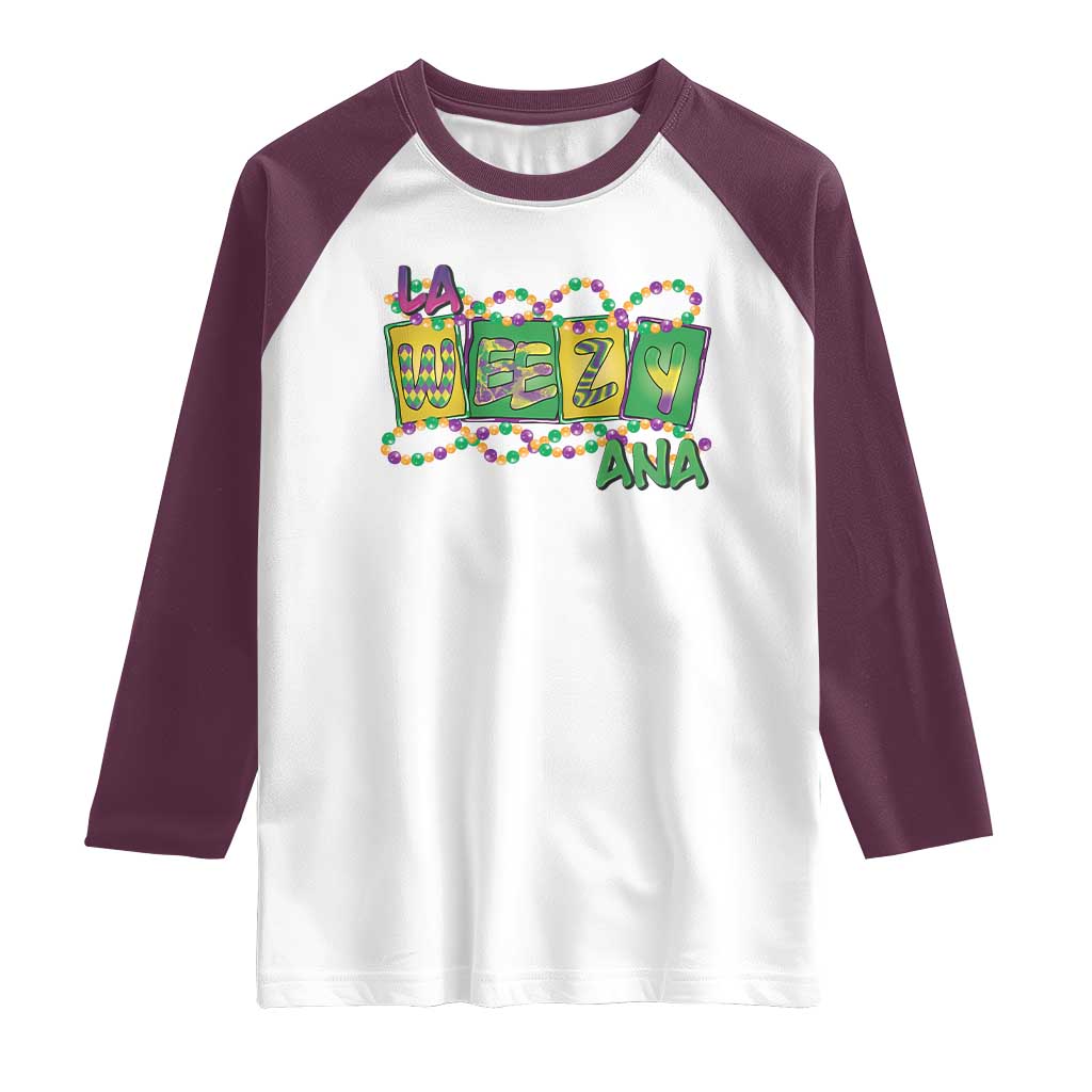 Mardi Gras La Weezy Ana Raglan Shirt TS09 White Maroon Print Your Wear