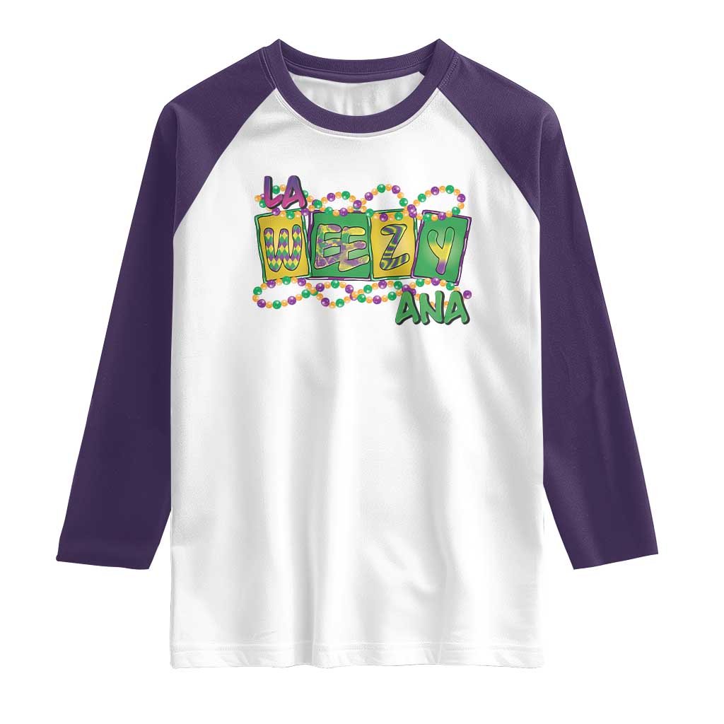 Mardi Gras La Weezy Ana Raglan Shirt TS09 White Purple Print Your Wear