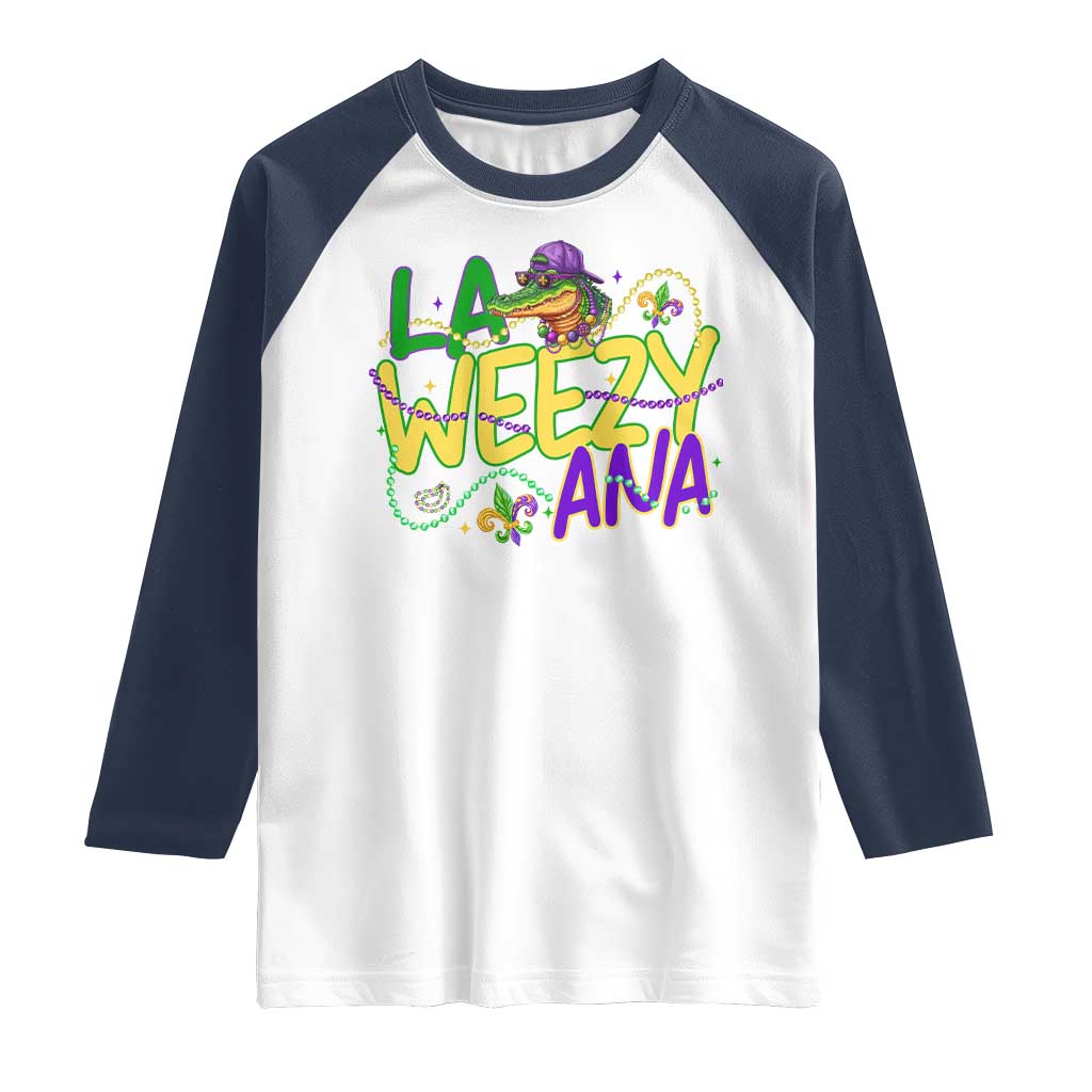 Mardi Gras Raglan Shirt La Weezy Ana Hip Hop Aligator Louisiana TS09 White Navy Print Your Wear
