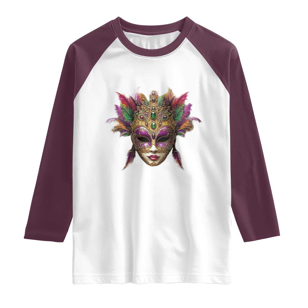 Jeweled Mask Louisiana Mardi Gras Raglan Shirt TS09 White Maroon Print Your Wear