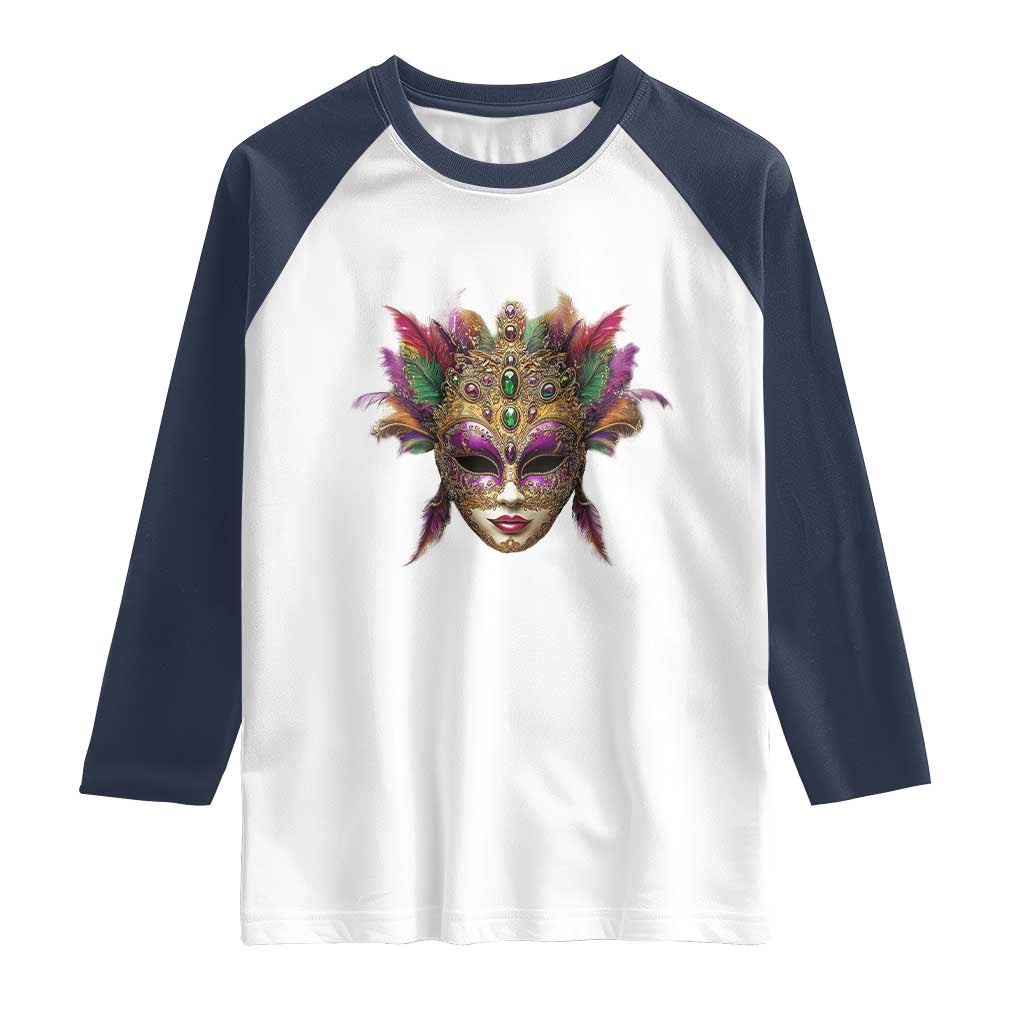 Jeweled Mask Louisiana Mardi Gras Raglan Shirt TS09 White Navy Print Your Wear