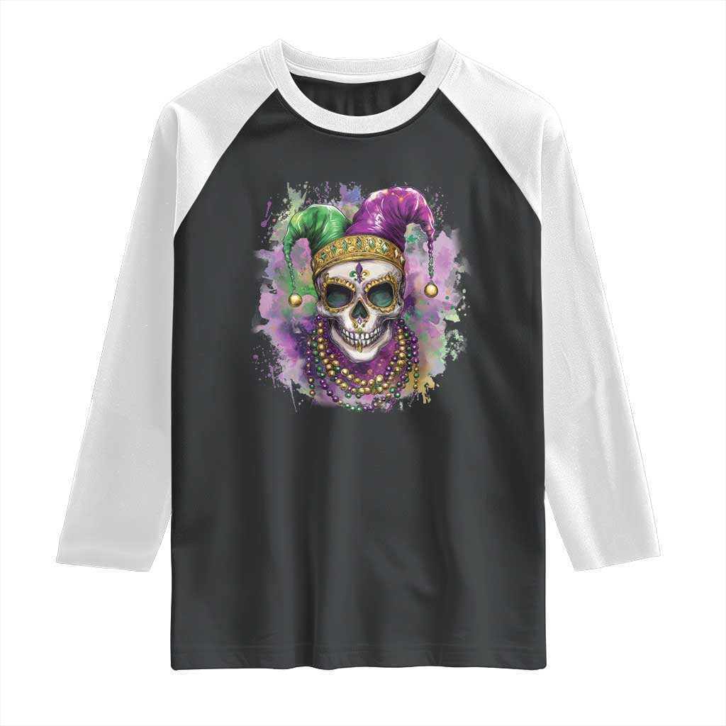 Skeleton Jester Louisiana Mardi Gras Raglan Shirt TS09 Black White Print Your Wear