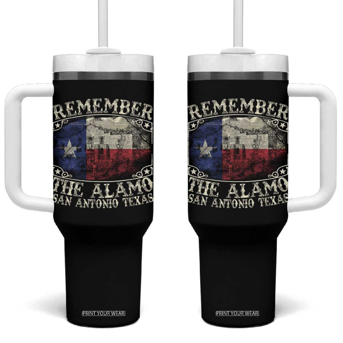 Texas Remember The Alamo Tumbler With Handle San Antonio Alamo War Texan Flag History Lover TS09 One Size: 40 oz Black Print Your Wear
