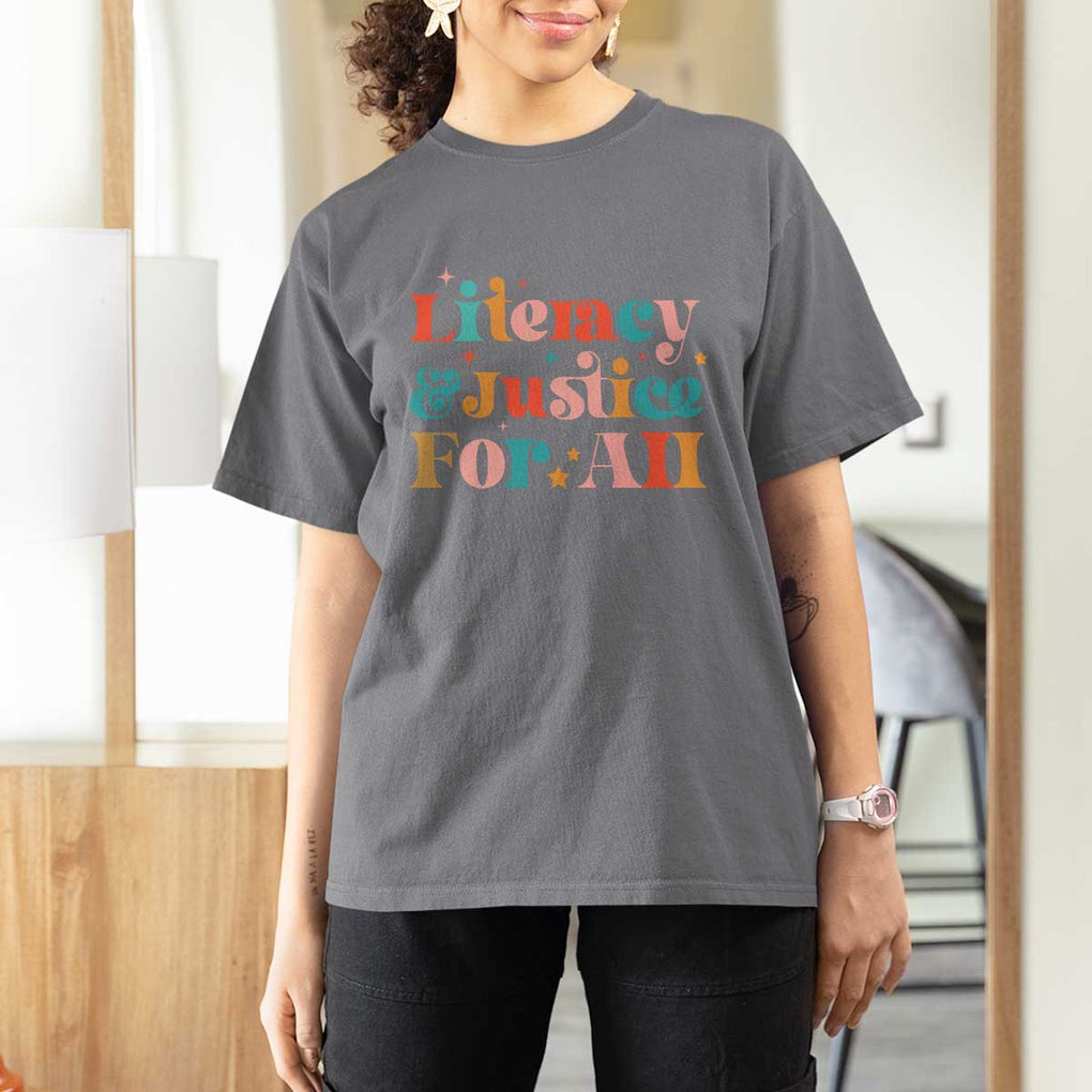 Librarian T Shirt For Women Literacy Justice For All TS09 Charcoal Print Your Wear