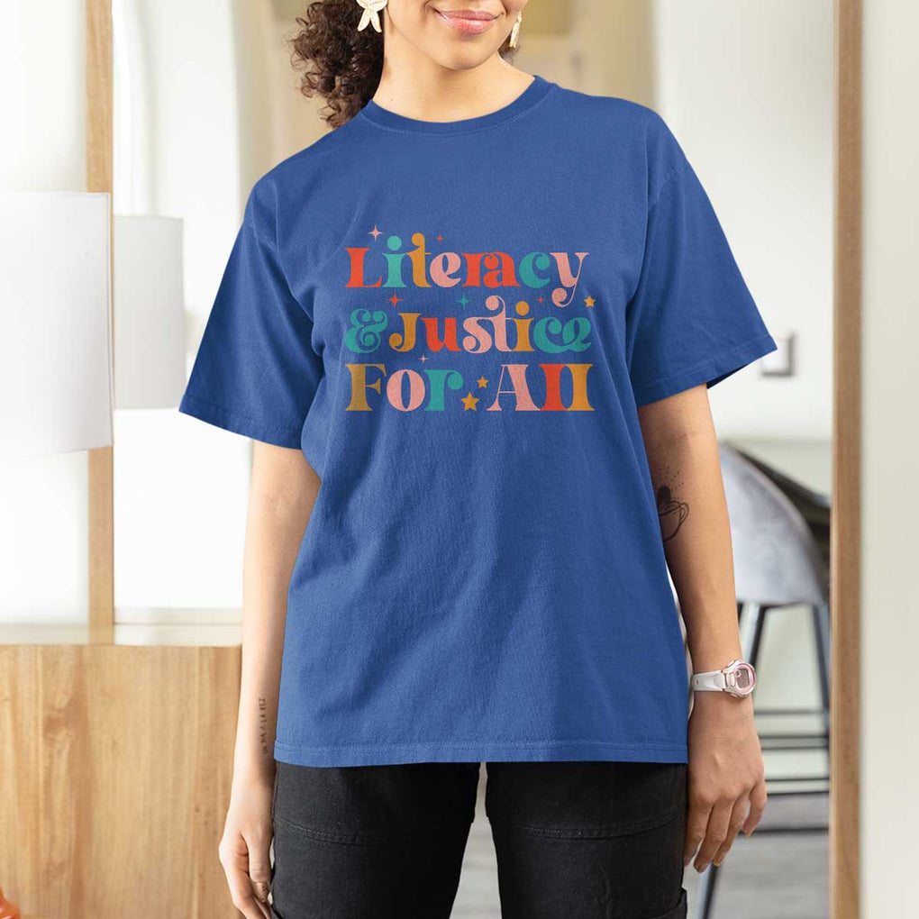 Librarian T Shirt For Women Literacy Justice For All TS09 Royal Blue Print Your Wear