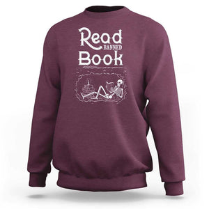 Funny Book Lover Sweatshirt Read Banned Books Skeleton TS09 Maroon Print Your Wear