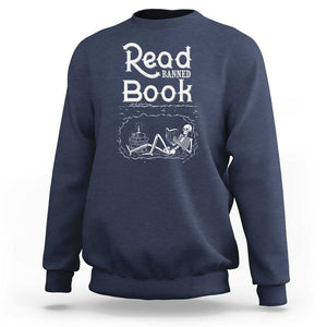Funny Book Lover Sweatshirt Read Banned Books Skeleton TS09 Navy Print Your Wear