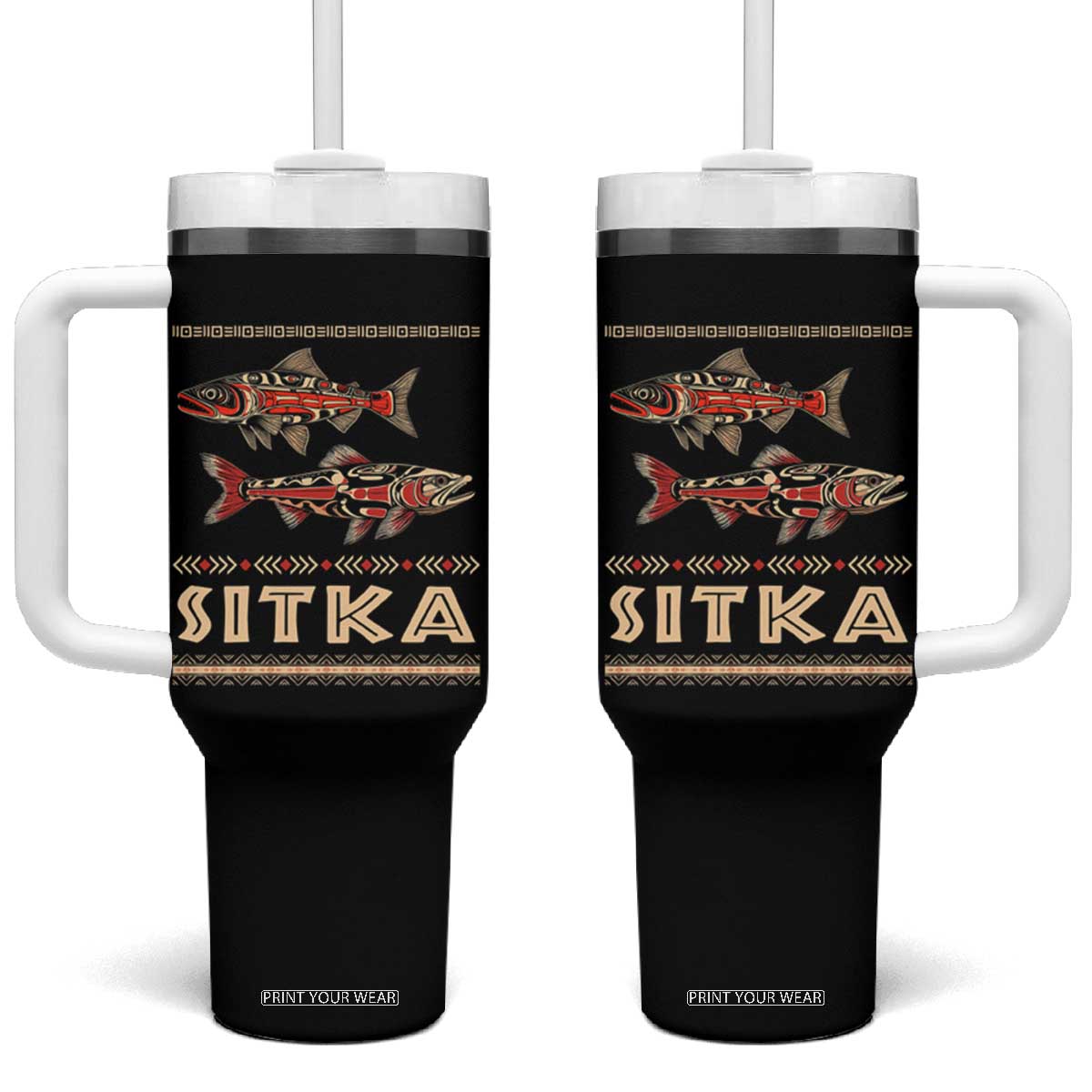 Native American Alaska Tumbler With Handle Sitka Salmon Fishermen Art TS09 One Size: 40 oz Black Print Your Wear