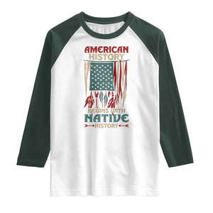 Make America Native Again America Flag Raglan Shirt TS09 White Dark Forest Green Print Your Wear