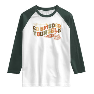 Native American Raglan Shirt Go Smudge Yourself Retro TS09 White Dark Forest Green Print Your Wear