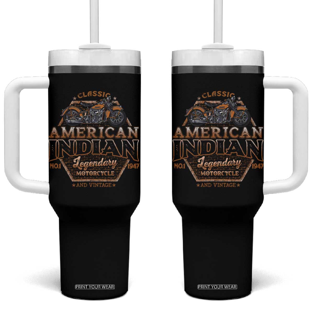 American Indian Legendary Retro Biker Motorcycle Rider Tumbler With Handle TS09 One Size: 40 oz Black Print Your Wear