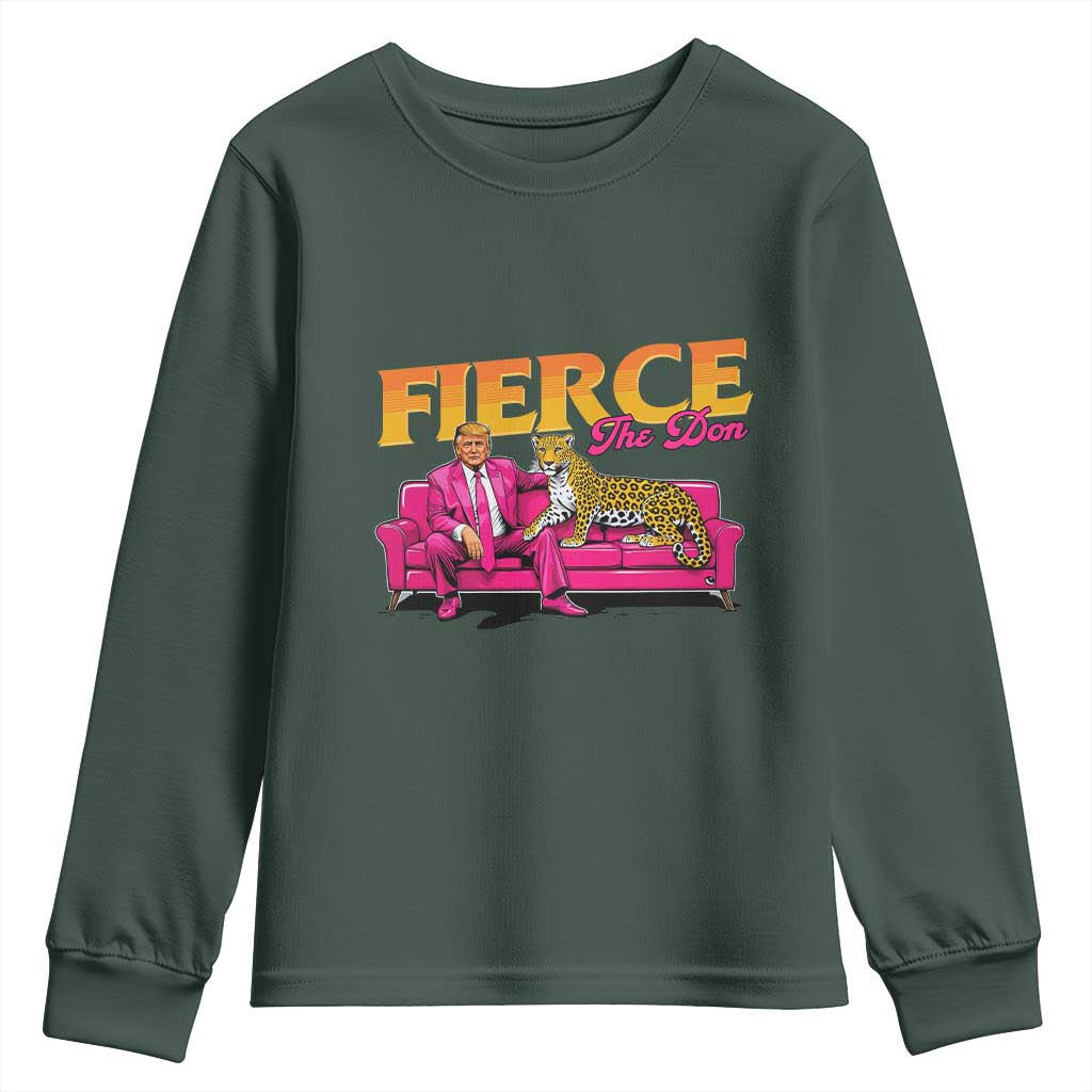 Trump 2024 Youth Sweatshirt Fierce The Don Pink Trump Leopard TS09 Dark Forest Green Print Your Wear
