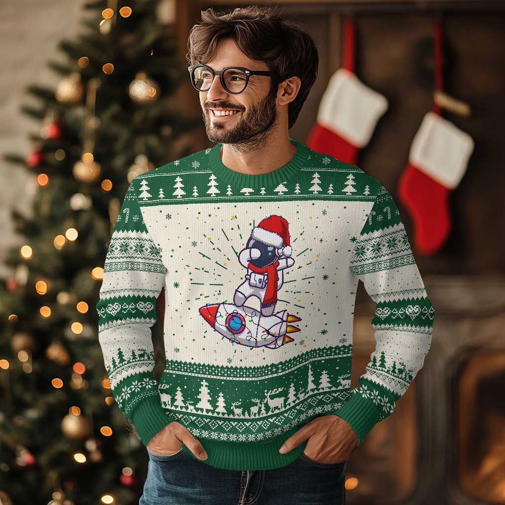 Santa Astronaut Dabbing Space Rocket Xmas Ugly Christmas Sweater TS09 Green Print Your Wear