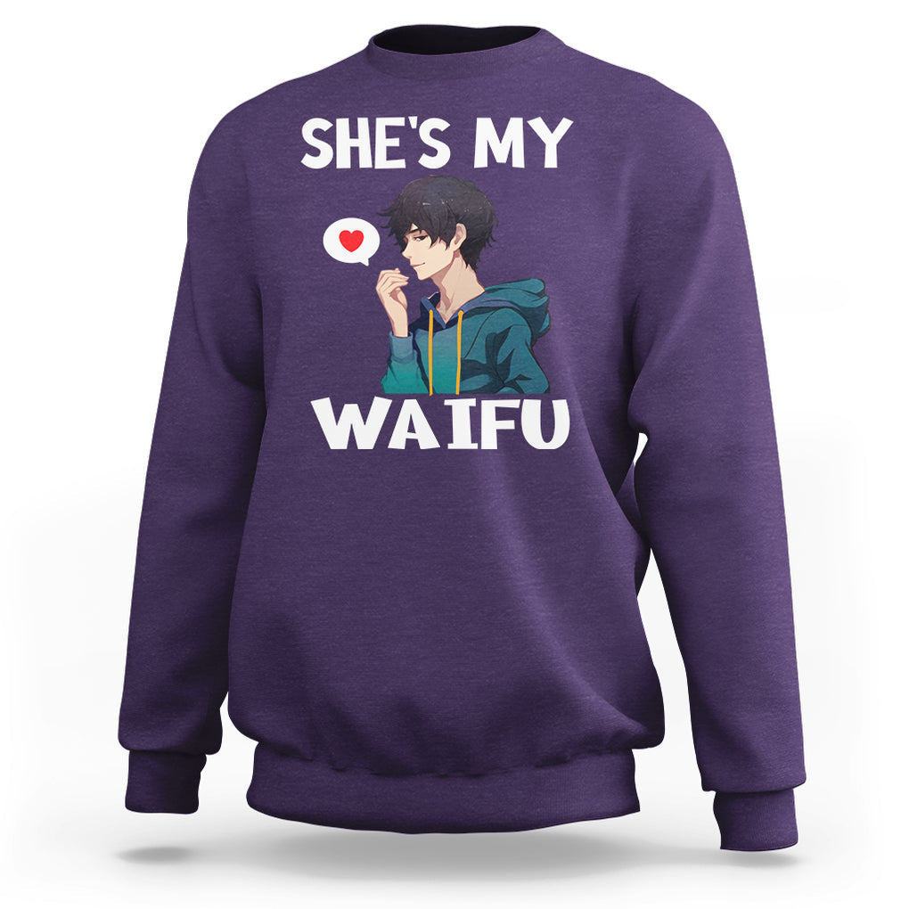 Valentine's Day Couple Matching Sweatshirt She's My Waifu Funny Anime Boyfriend TS09 Purple Printyourwear