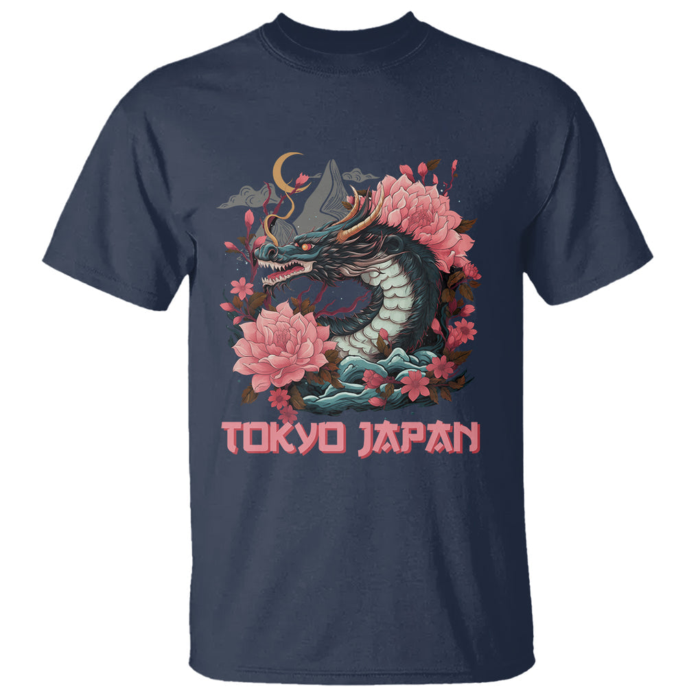 Tokyo Japan Dragon T Shirt Asian Inspired Retro Aesthetic Sakura Japanese Cherry Blossoms TS09 Navy Printyourwear