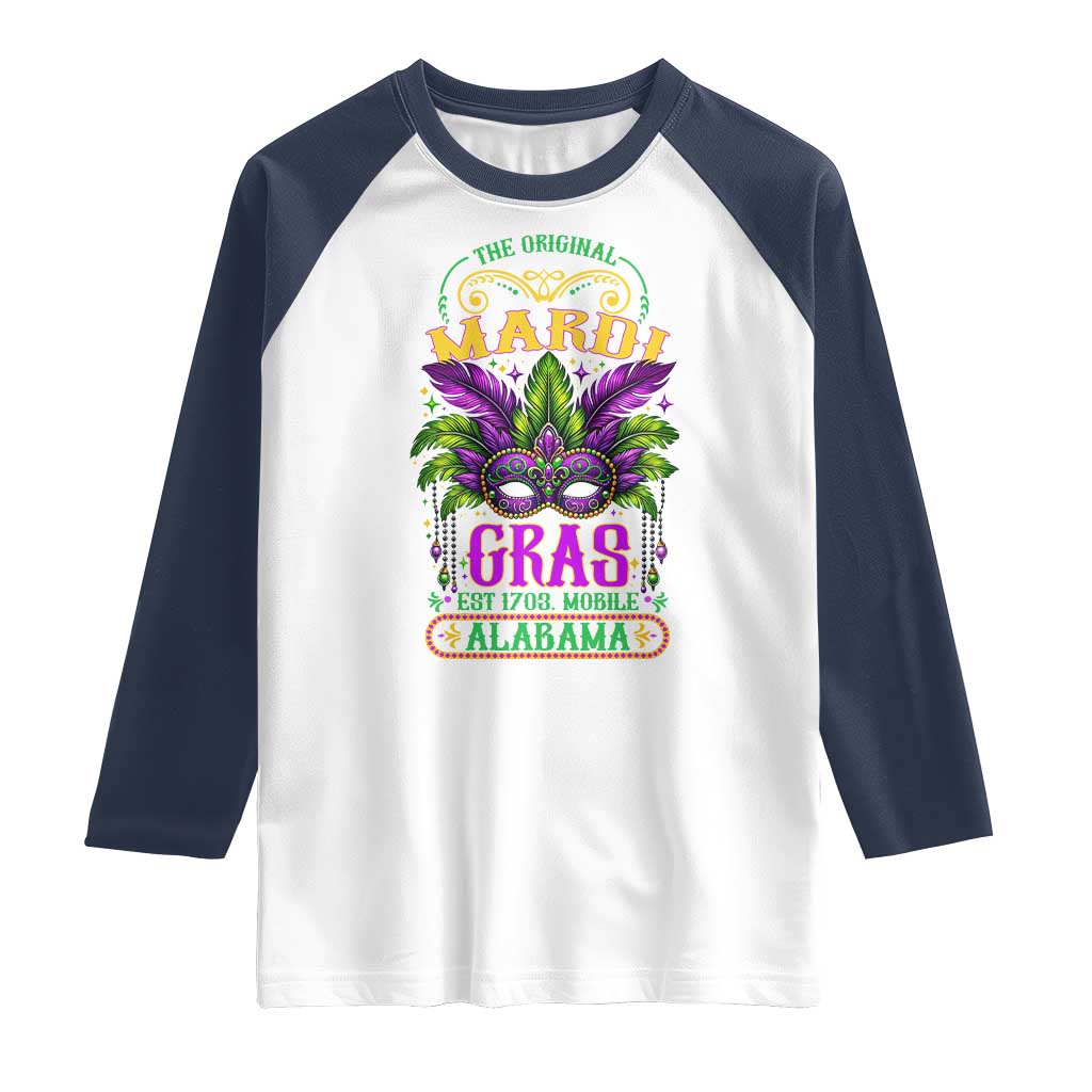 The Original Mardi Gras Mobile Alabama 1703 Raglan Shirt TS09 White Navy Print Your Wear