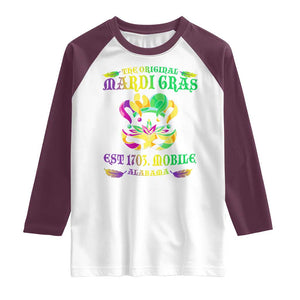 The Original Mardi Gras Raglan Shirt Mobile Alabama 1703 TS09 White Maroon Print Your Wear