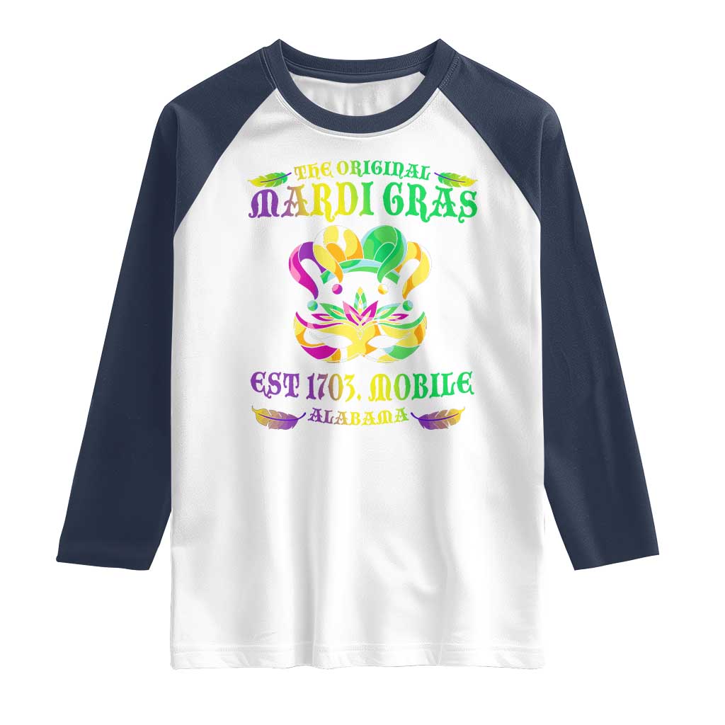 The Original Mardi Gras Raglan Shirt Mobile Alabama 1703 TS09 White Navy Print Your Wear