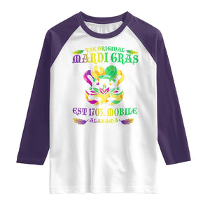 The Original Mardi Gras Raglan Shirt Mobile Alabama 1703 TS09 White Purple Print Your Wear