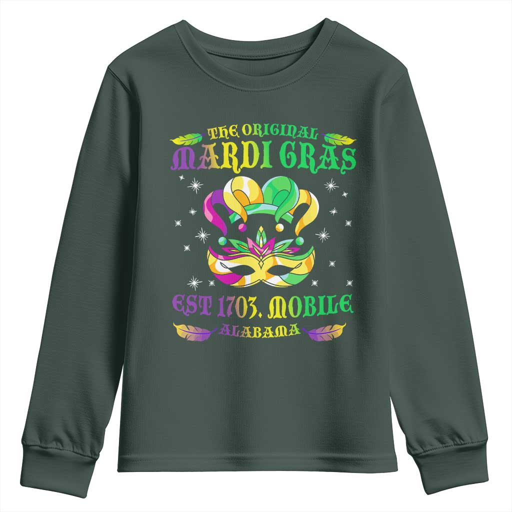 The Original Mardi Gras Youth Sweatshirt Mobile Alabama 1703 TS09 Dark Forest Green Print Your Wear