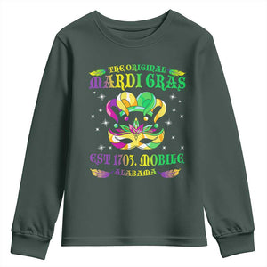 The Original Mardi Gras Youth Sweatshirt Mobile Alabama 1703 TS09 Dark Forest Green Print Your Wear
