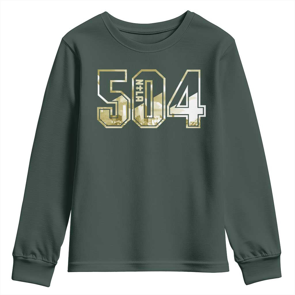 504 NOLA New Orleans Louisiana Youth Sweatshirt TS09 Dark Forest Green Print Your Wear