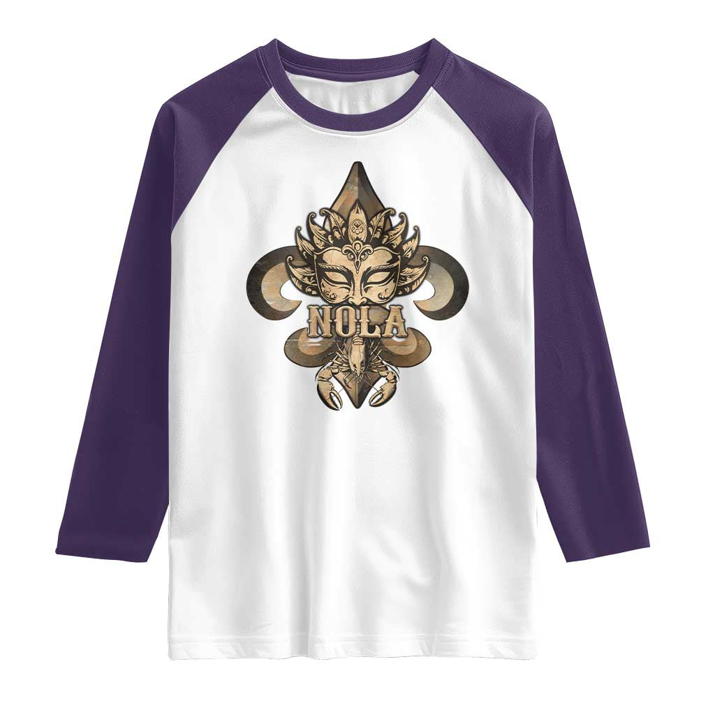 NOLA New Orleans Louisiana Raglan Shirt Mardi Gras Mask Fleur De Lis TS09 White Purple Print Your Wear