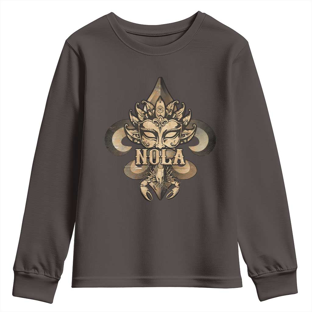 NOLA New Orleans Louisiana Youth Sweatshirt Mardi Gras Mask Fleur De Lis TS09 Dark Chocolate Print Your Wear