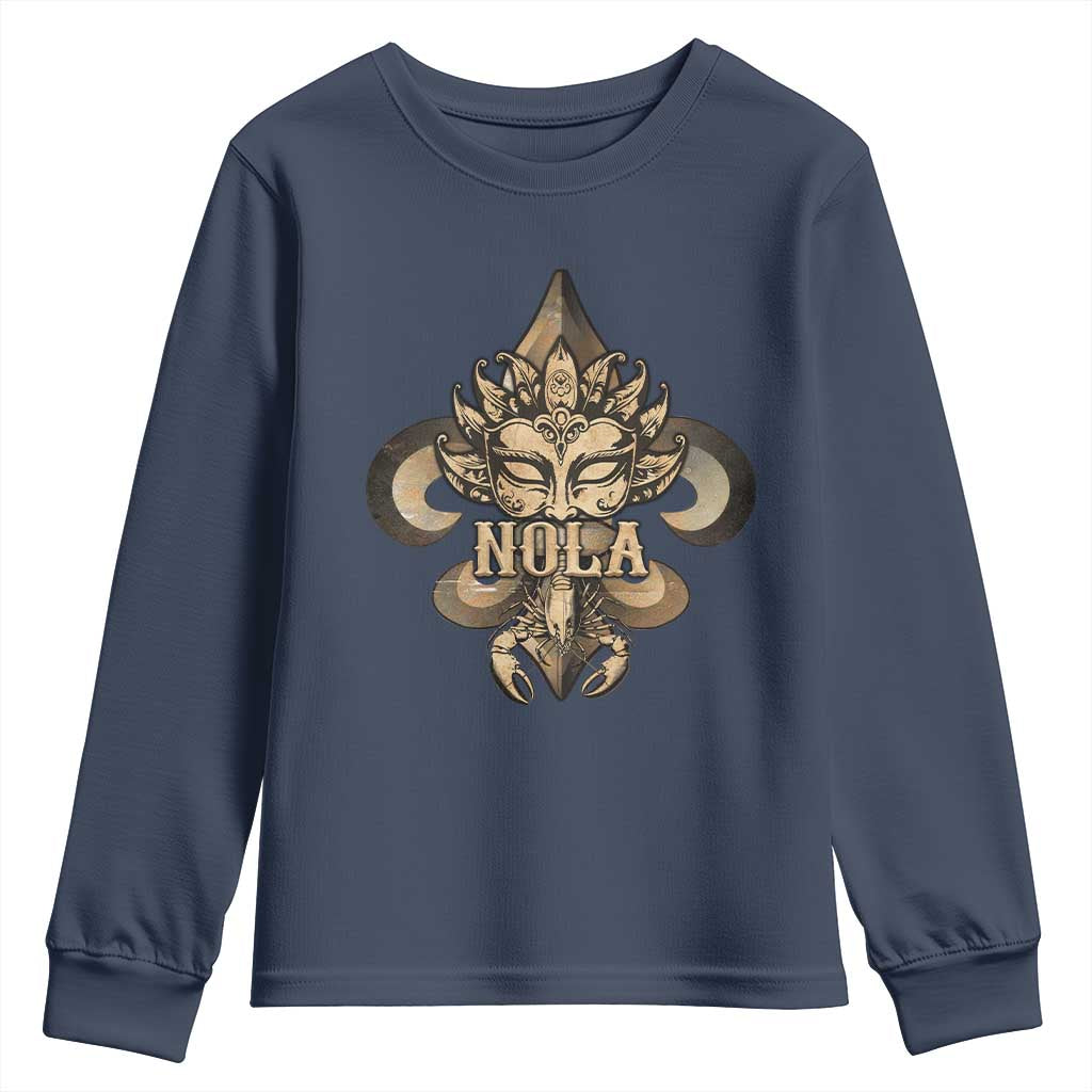 NOLA New Orleans Louisiana Youth Sweatshirt Mardi Gras Mask Fleur De Lis TS09 Navy Print Your Wear