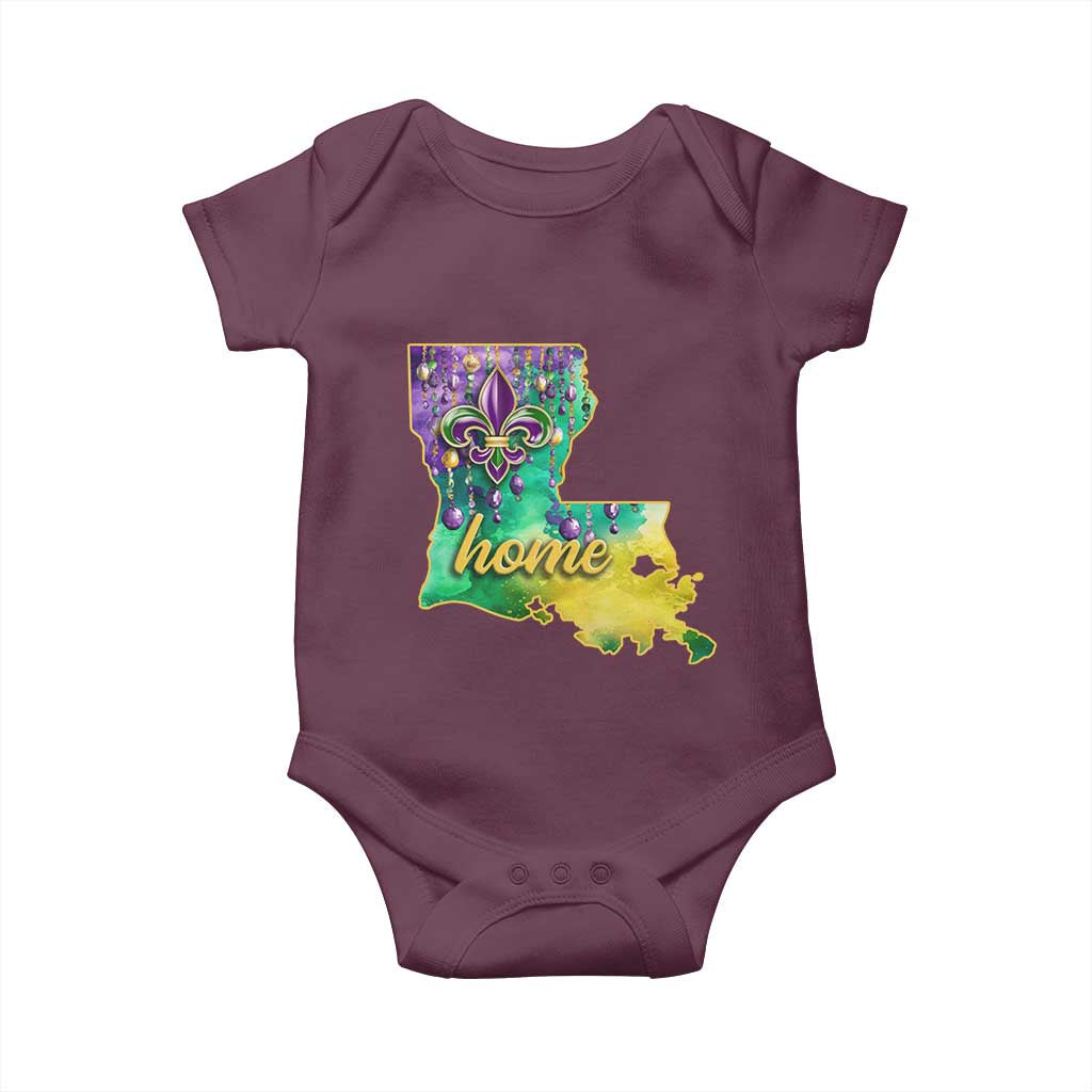 Home Louisiana Baby Onesie Mardi Gras Fleur De Lis LA Map TS09 Maroon Print Your Wear