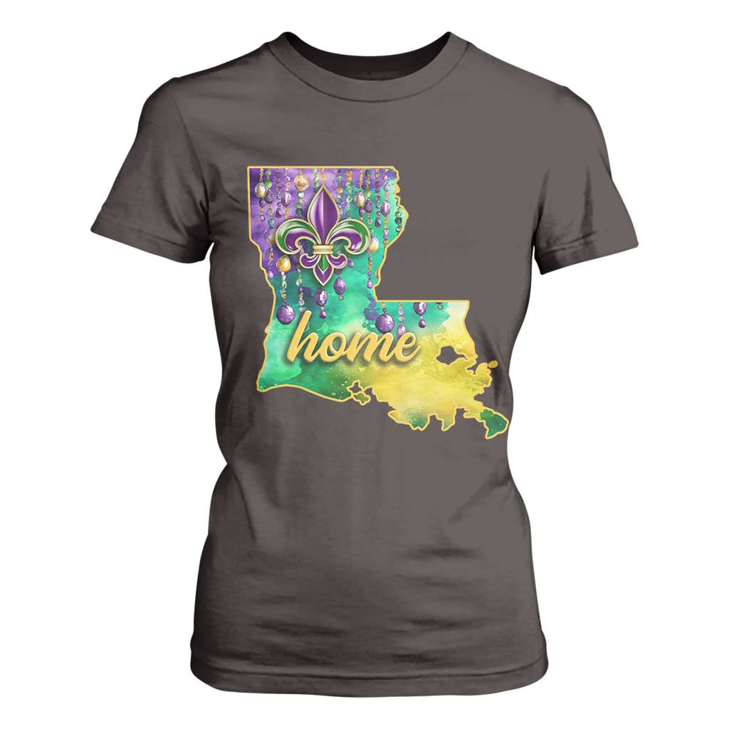 Home Louisiana T Shirt For Women Mardi Gras Fleur De Lis LA Map TS09 Dark Chocolate Print Your Wear