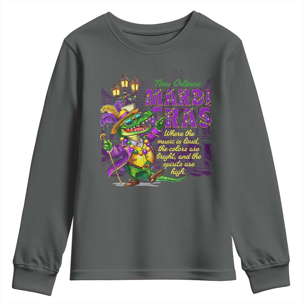 New Orleans Louisiana Mardi Gras Youth Sweatshirt Where The Music Is Loud The Colors Are Bright And The Spirits Are High TS09 Dark Heather Print Your Wear