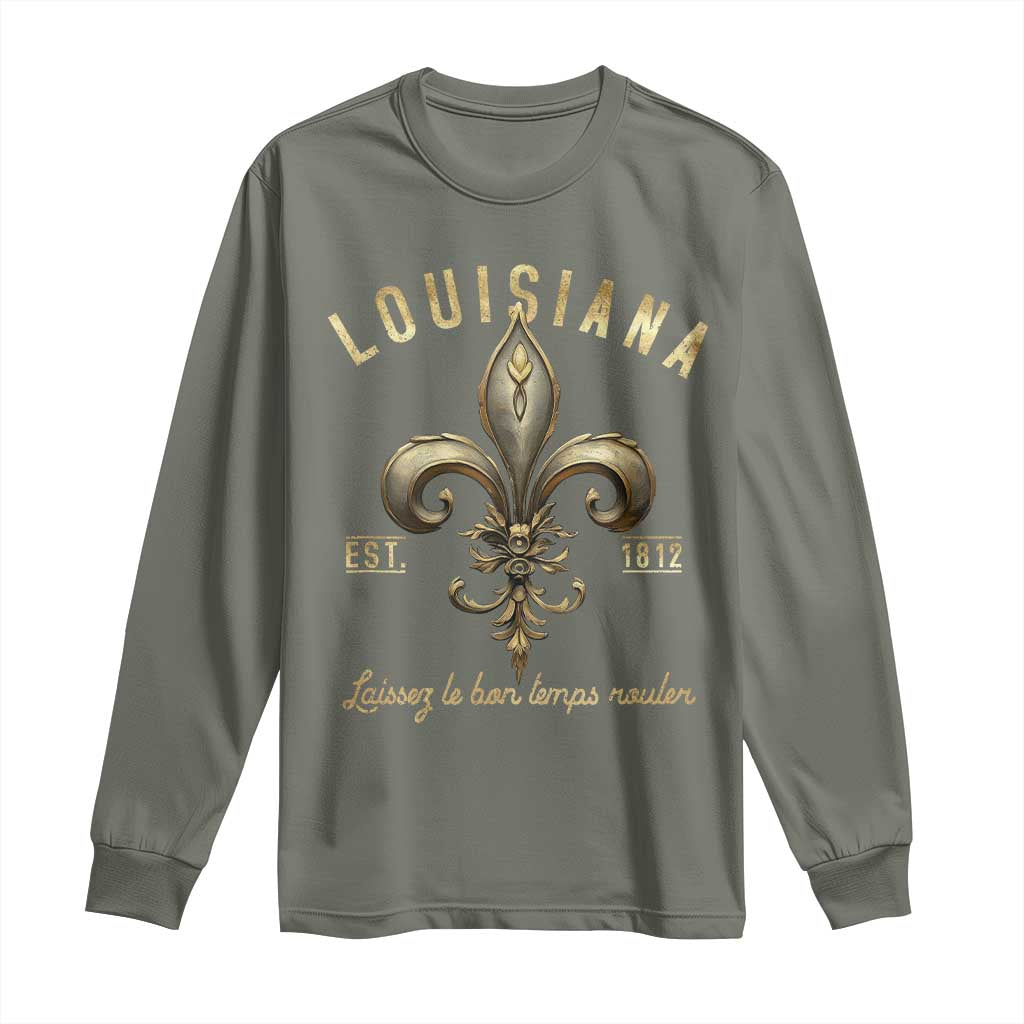 Louisiana Fleur De Lis Long Sleeve Shirt Laissez Les Bon Temps Rouler 1812 TS09 Military Green Print Your Wear