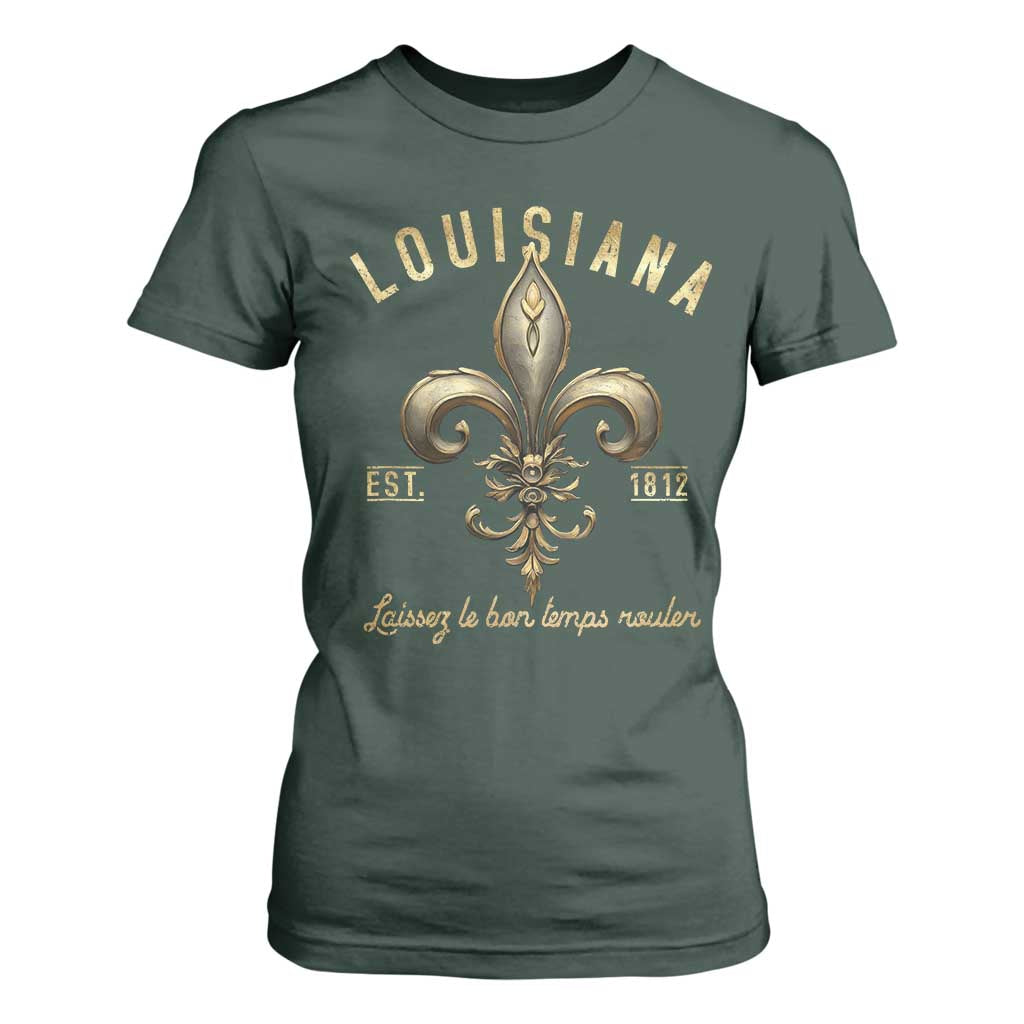 Louisiana Fleur De Lis T Shirt For Women Laissez Les Bon Temps Rouler 1812 TS09 Dark Forest Green Print Your Wear
