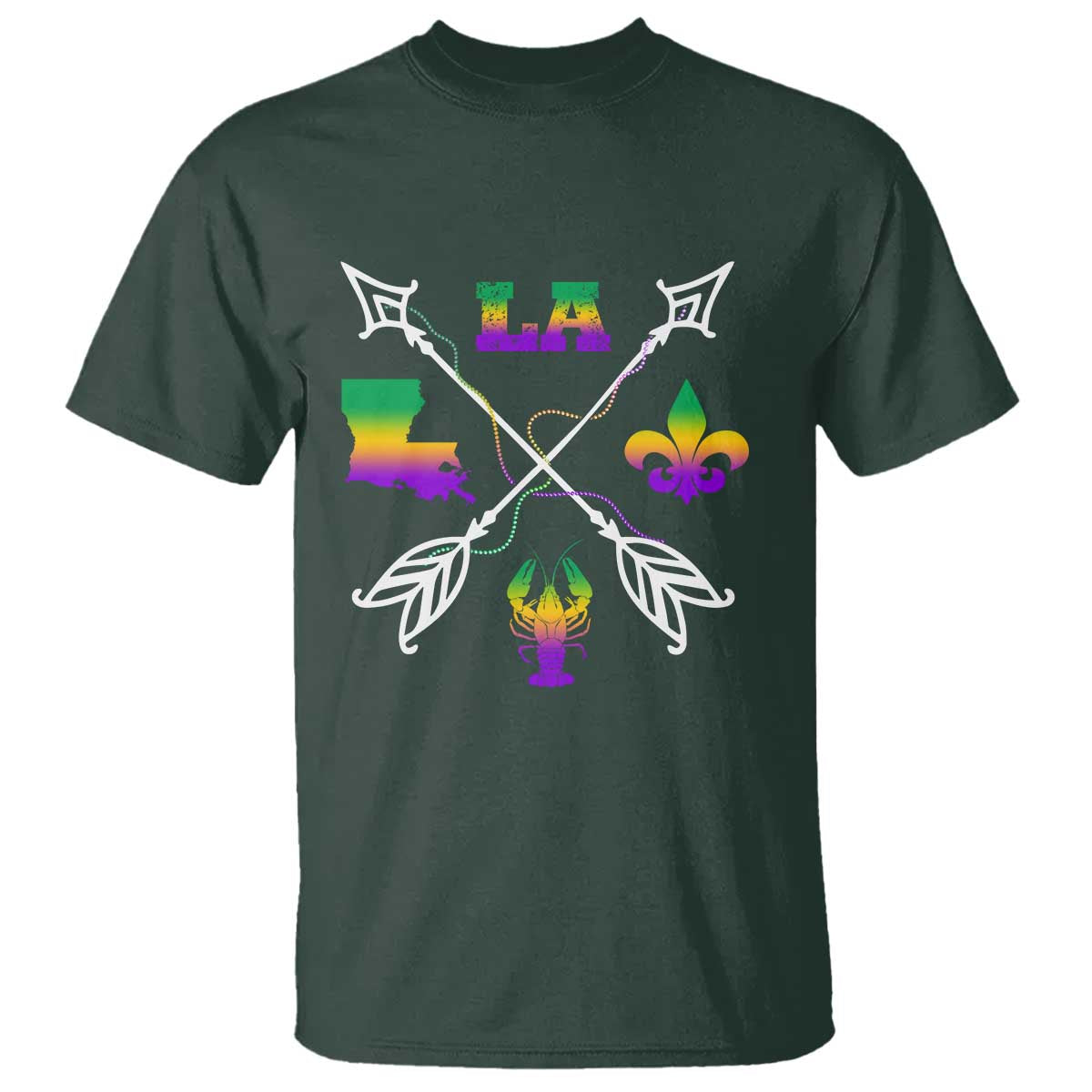 Louisiana Mardi Gras T Shirt Crawfish Fleur De Lis TS09 Dark Forest Green Print Your Wear