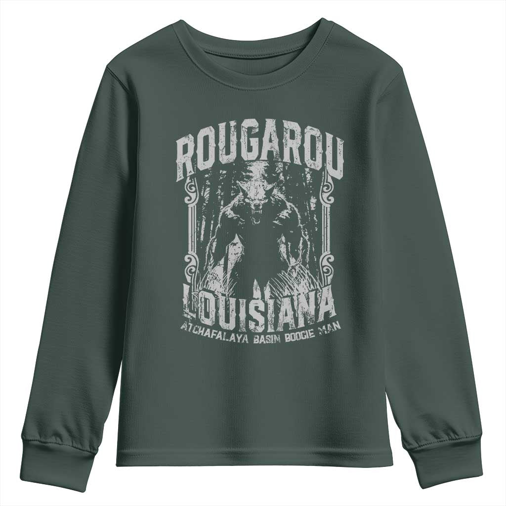 Louisiana Cryptid Rougarou Youth Sweatshirt Atchafalaya Basin Boogie Man TS09 Dark Forest Green Print Your Wear