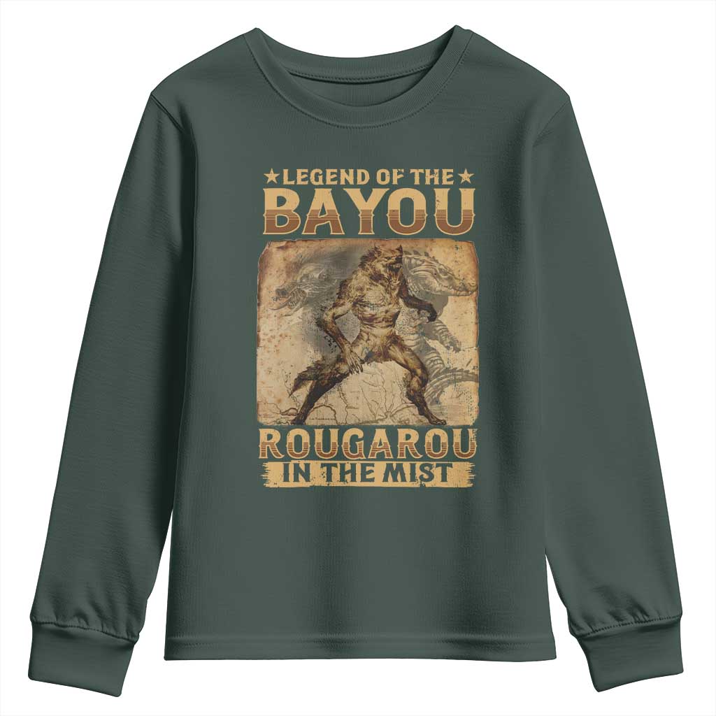 Louisiana Cryptid Rougarou Youth Sweatshirt Legend Of The Bayou Rougarou In The Mist TS09 Dark Forest Green Print Your Wear