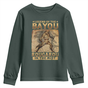 Louisiana Cryptid Rougarou Youth Sweatshirt Legend Of The Bayou Rougarou In The Mist TS09 Dark Forest Green Print Your Wear